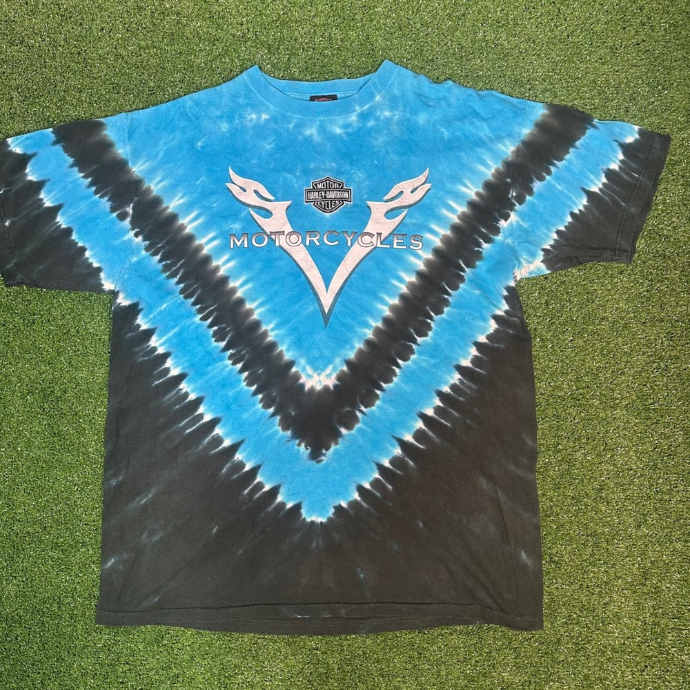 Harley-Davidson Mens Tie Dye T-Shirt Blue Black V-Pattern Graphic Logo XL‎